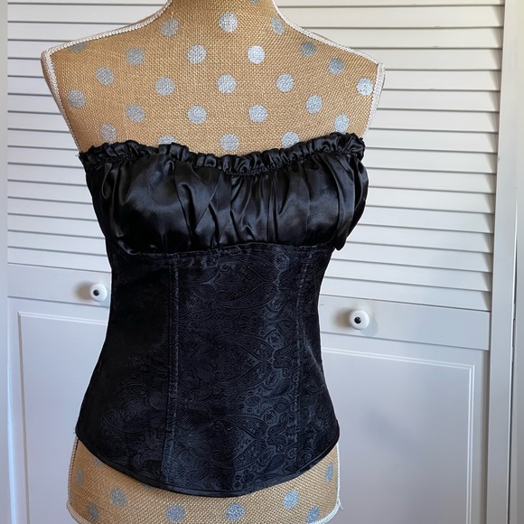 Black ruffle side zip Corset Sz L brocade fabric goth Halloween - Picture 3 of 10